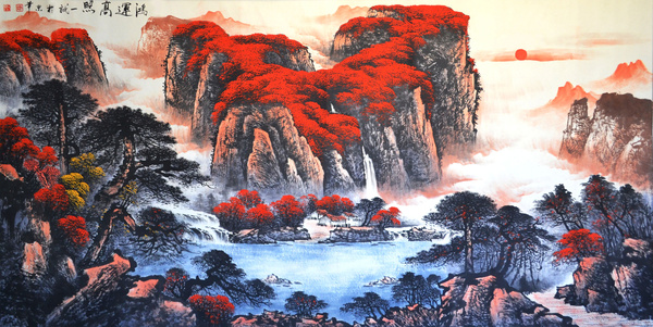 赵一诚独创撒红山水画法 一撒朱砂千万红
